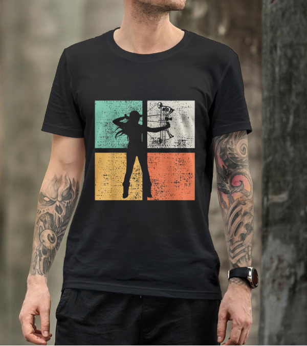 Vintage Bow Hunting Archery Silhouette Retro Style Quadrant Colors T-Shirt