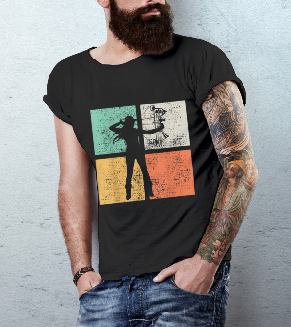 Vintage Bow Hunting Archery Silhouette Retro Style Quadrant Colors T-Shirt
