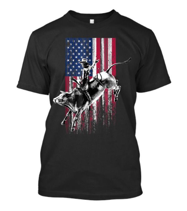 Patriotic Rodeo Bull Rider With American Flag Background T-Shirt