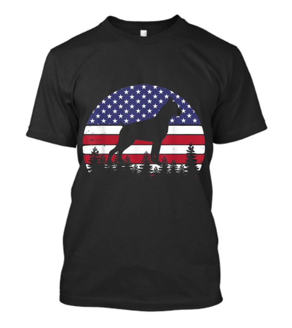 Vintage Boxer Dog Silhouette With American Flag Background And Pine Trees For 4th Of July Celebrations T-Shirt