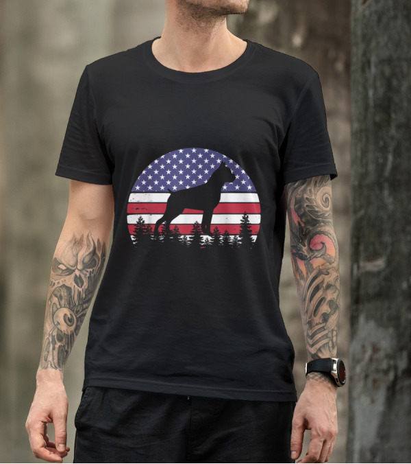 Vintage Boxer Dog Silhouette With American Flag Background And Pine Trees For 4th Of July Celebrations T-Shirt
