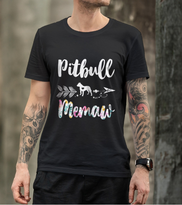 Pitbull Memaw Floral Design With Heart And Arrow Elements T-Shirt