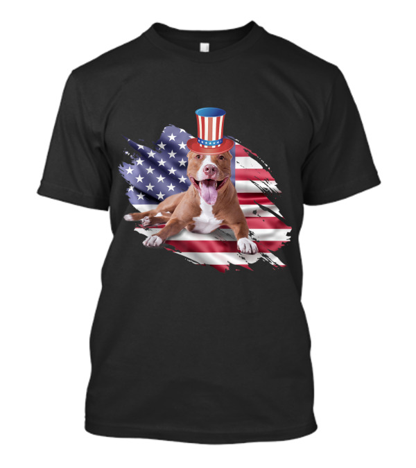 Pitbull With Uncle Sam Hat On American Flag Background 4th Of July Merica T-Shirt
