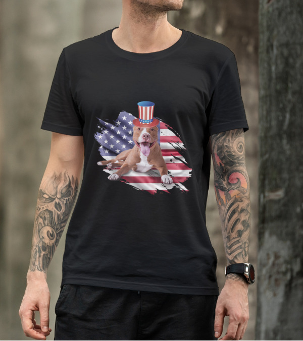 Pitbull With Uncle Sam Hat On American Flag Background 4th Of July Merica T-Shirt