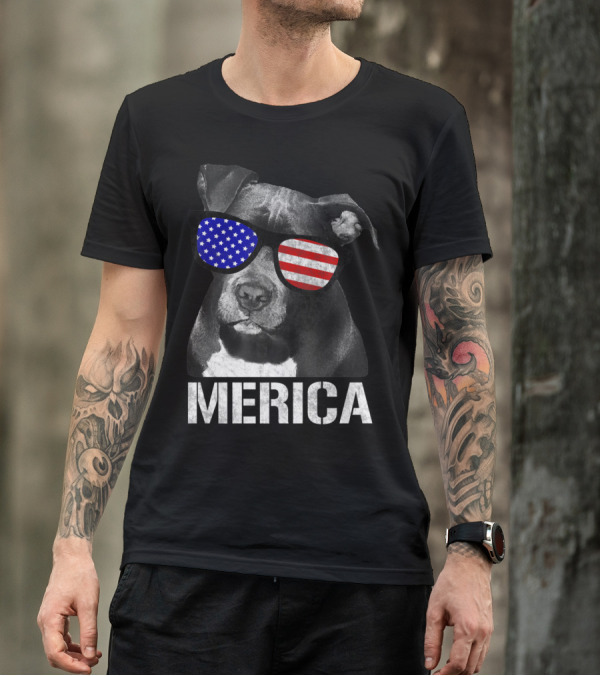Pitbull Merica Dog With Patriotic American Flag Sunglasses T-Shirt