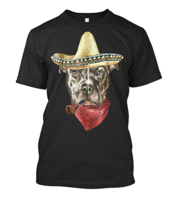 Pitbull Wearing Sombrero And Bandana With Pipe T-Shirt