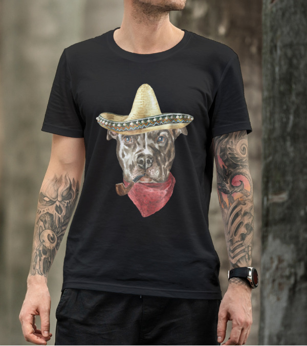 Pitbull Wearing Sombrero And Bandana With Pipe T-Shirt