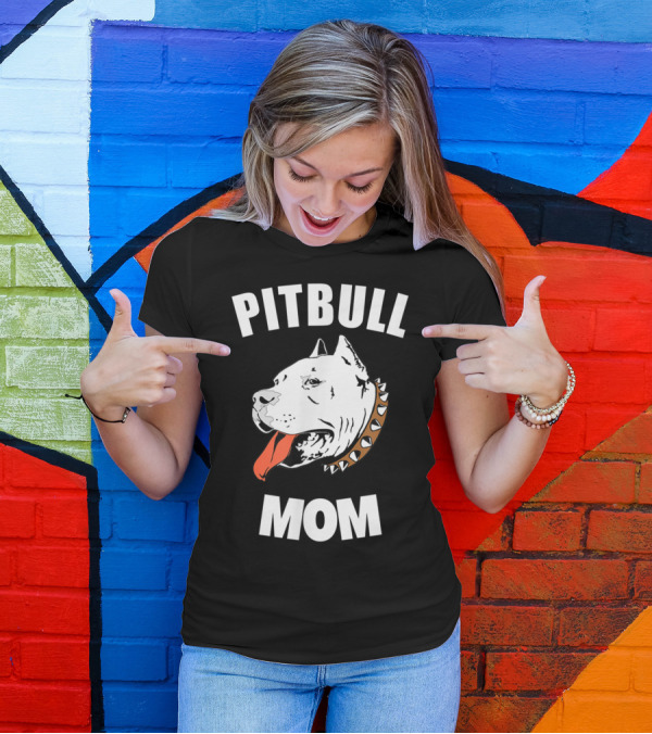 Pitbull Mom With Fierce Bully Dog Illustration And Spiked Collar T-Shirt