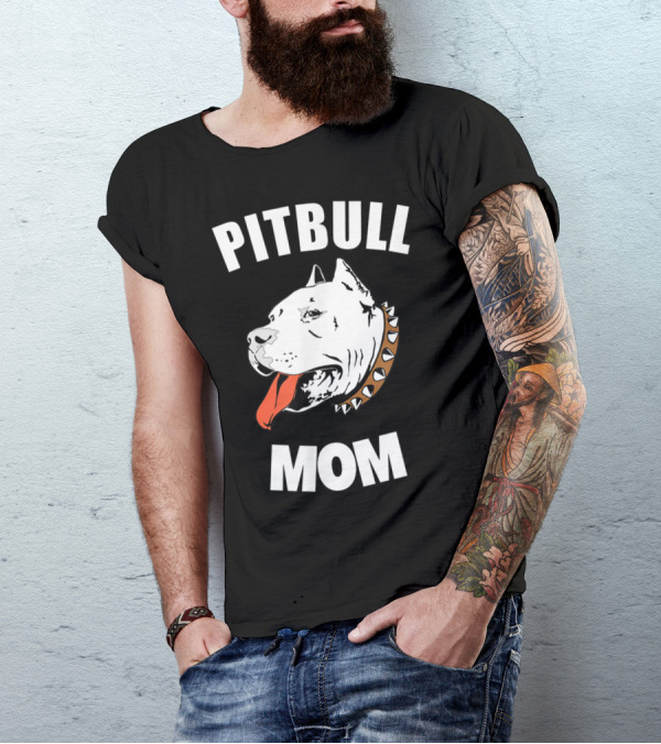 Pitbull Mom With Fierce Bully Dog Illustration And Spiked Collar T-Shirt