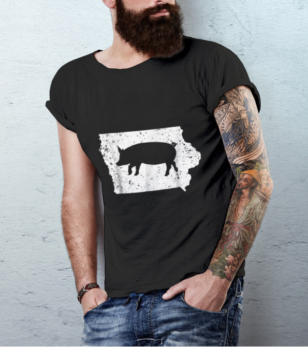 Iowa Pig Silhouette On State Outline - Support Your Local Iowa Hog Farmers T-Shirt