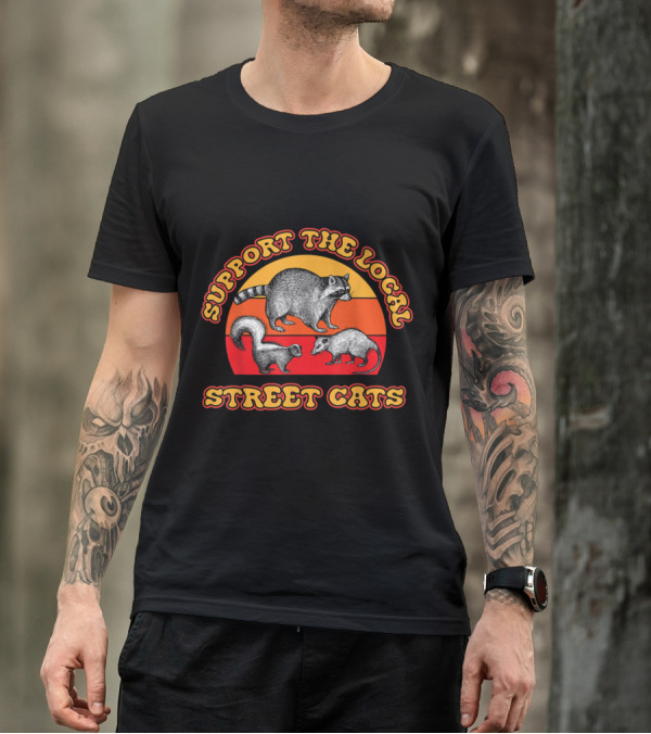 Support The Local Street Cats Raccoon Skunk Possum Retro Sunset T-Shirt