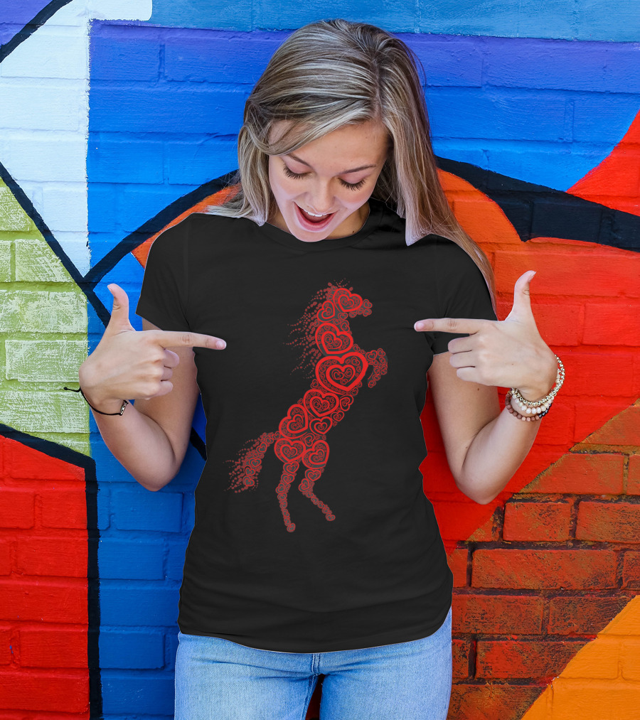 Romantic Horse Lovers Red Heart Pattern Galloping Elegance T-Shirt