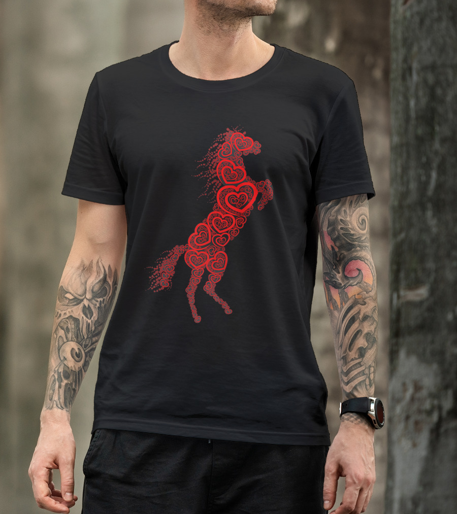 Romantic Horse Lovers Red Heart Pattern Galloping Elegance T-Shirt