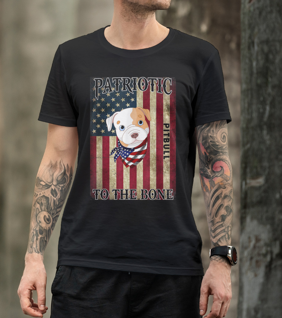 Patriotic Pitbull To The Bone With American Flag Background T-Shirt