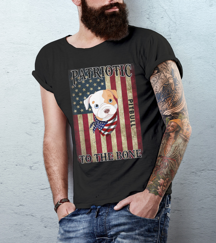 Patriotic Pitbull To The Bone With American Flag Background T-Shirt
