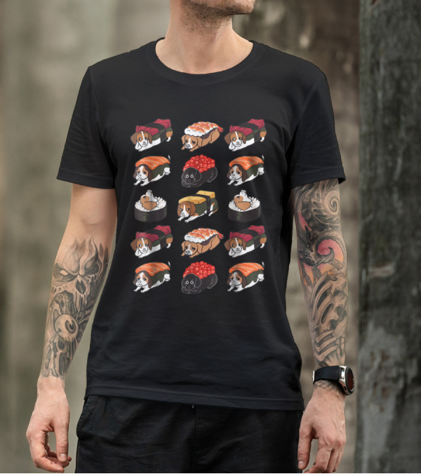 Beagle Sushi Nigiri And Maki Pattern With Rice And Fish Toppings T-Shirt