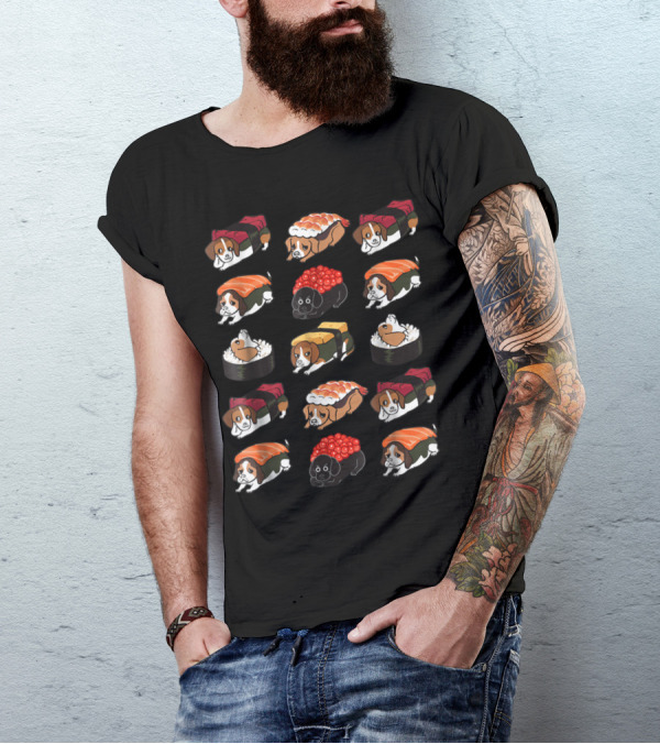 Beagle Sushi Nigiri And Maki Pattern With Rice And Fish Toppings T-Shirt