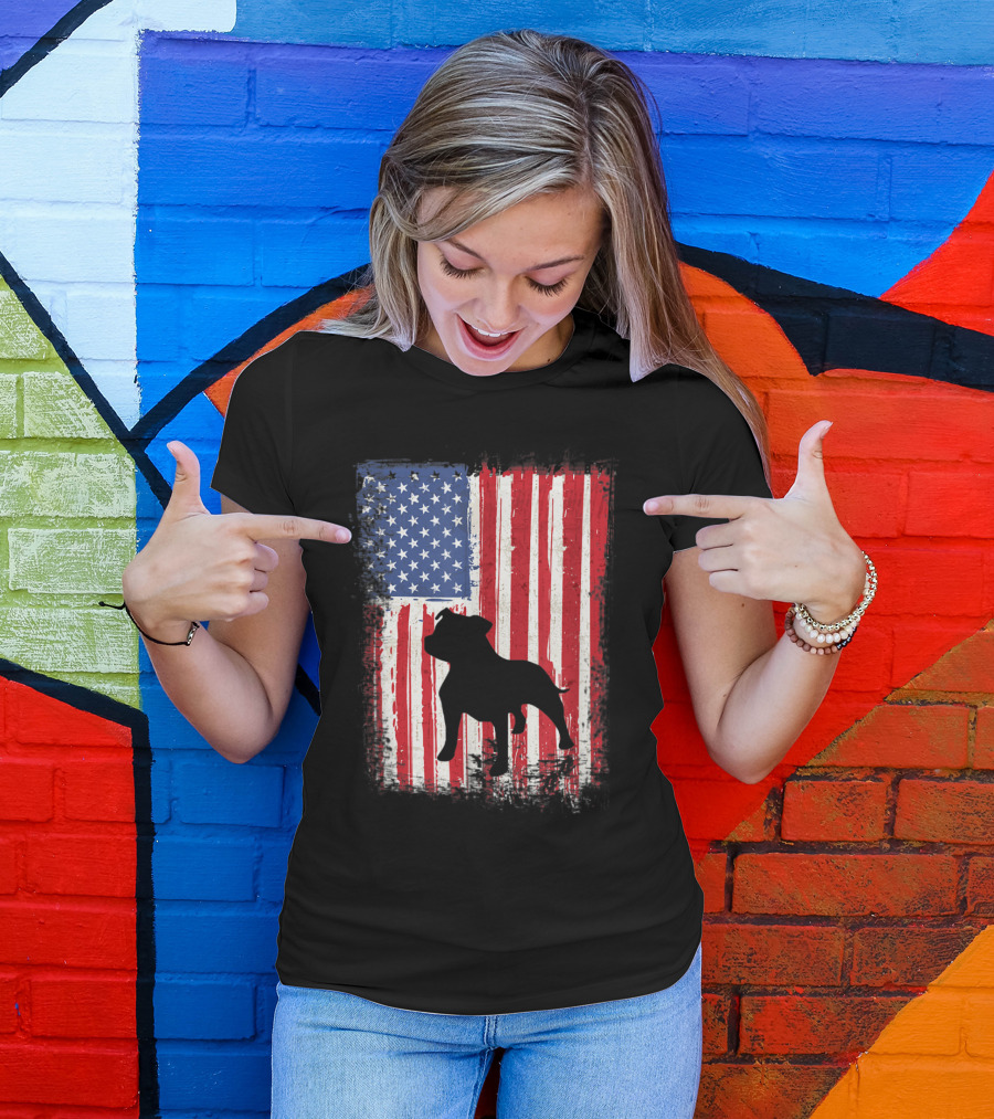 Pitbull Silhouette With American Flag USA Patriotic T-Shirt
