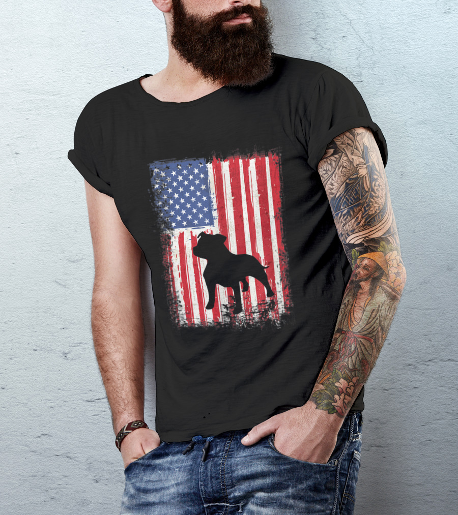 Pitbull Silhouette With American Flag USA Patriotic T-Shirt