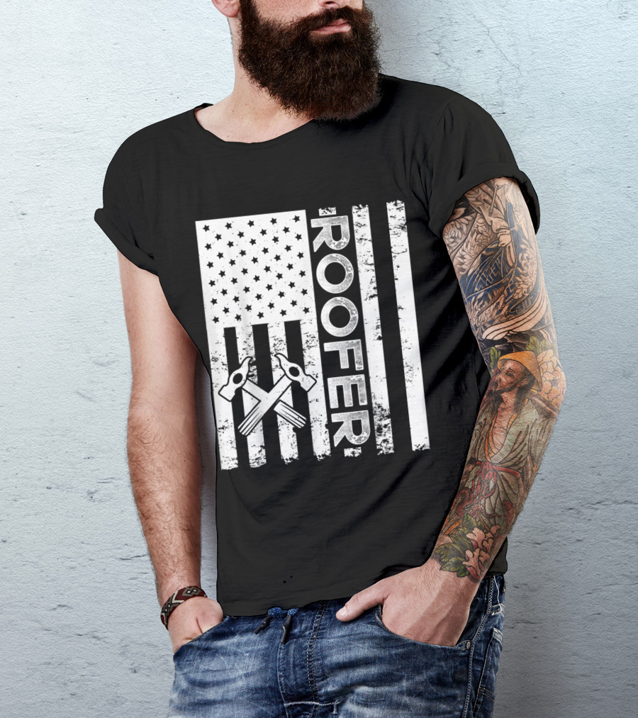 Roofer American Flag With Crossed Hammers T-Shirt