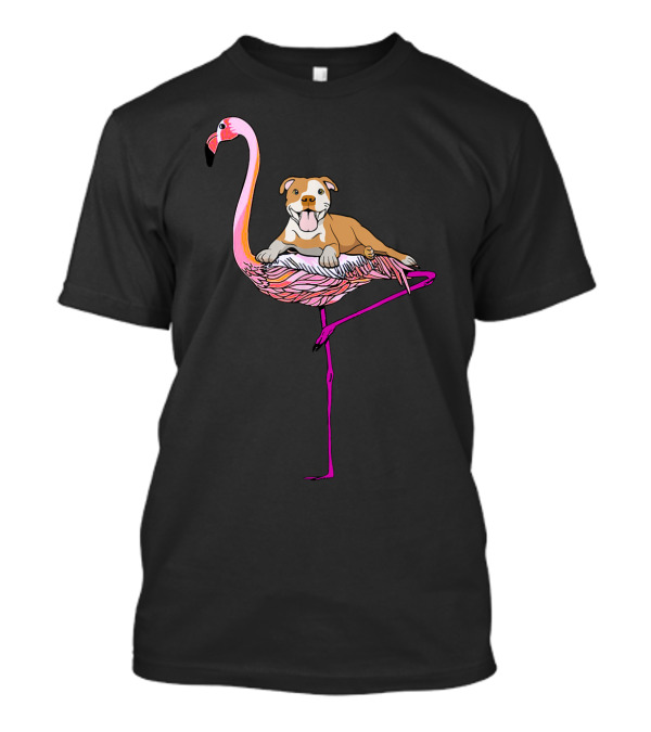 PitBull Pittie Riding Pink Flamingo Playful Pup Perched On Unique Animal Duo T-Shirt