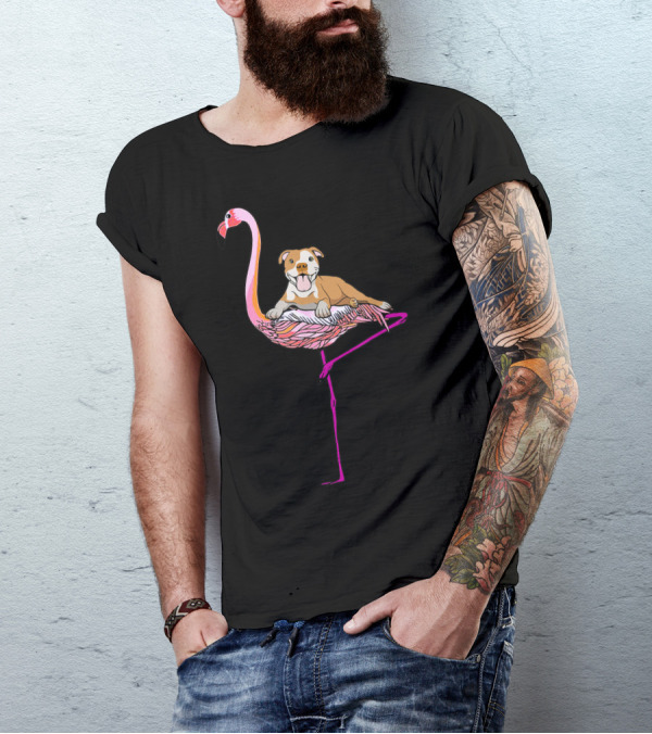PitBull Pittie Riding Pink Flamingo Playful Pup Perched On Unique Animal Duo T-Shirt