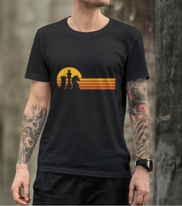 Vintage Chess Player Silhouette Against Retro Sunset Background T-Shirt