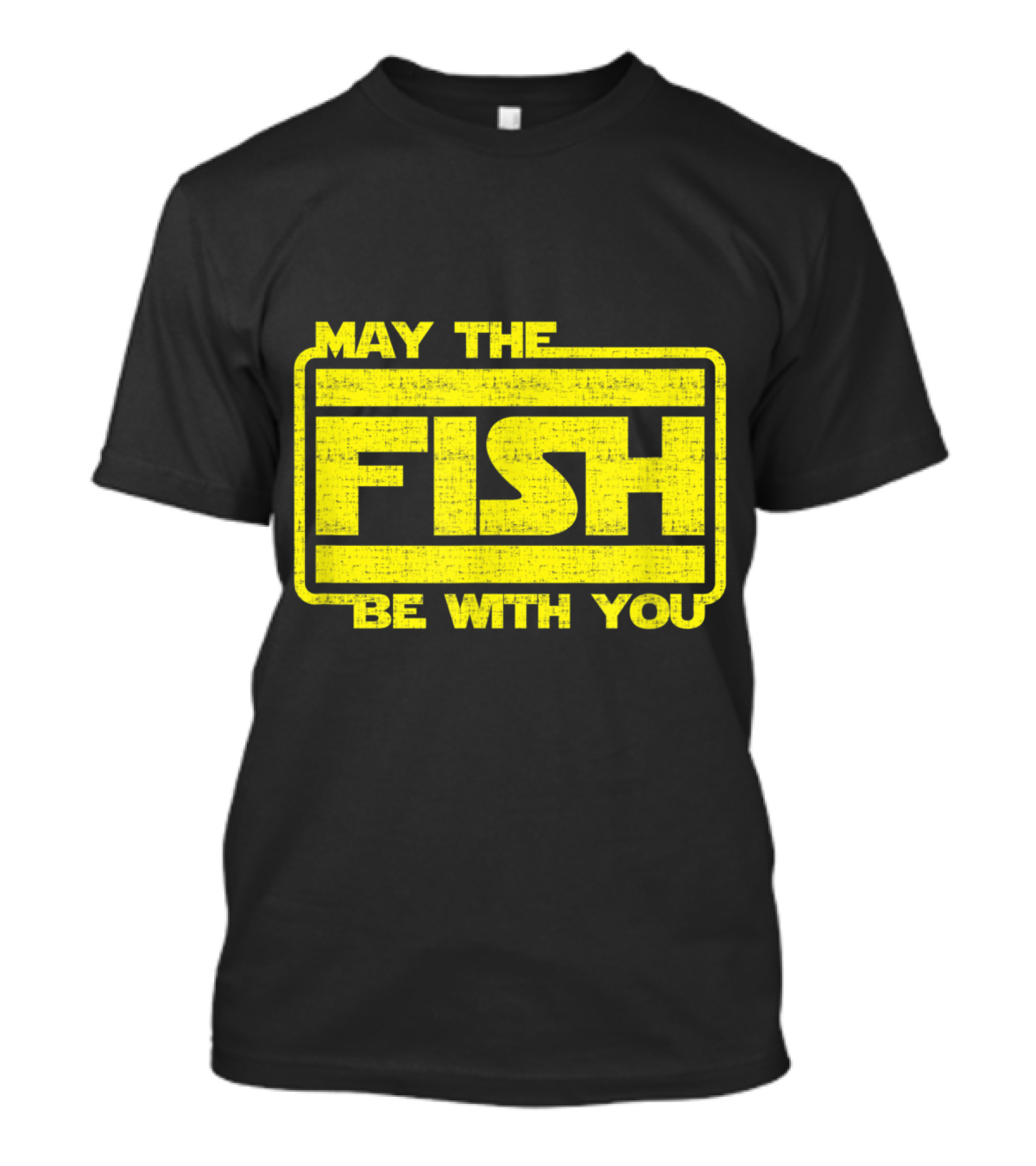 May The Fish Be With You Parody In Bold Yellow Sci-Fi T-Shirt