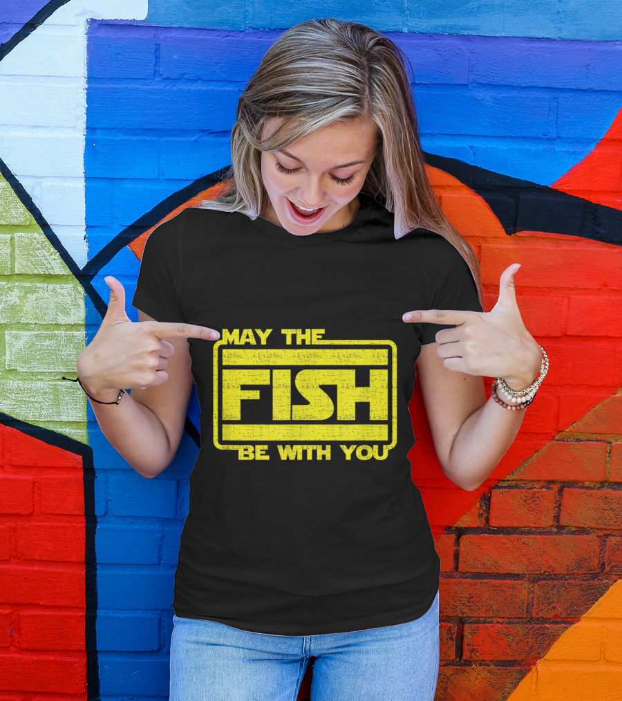 May The Fish Be With You Parody In Bold Yellow Sci-Fi T-Shirt