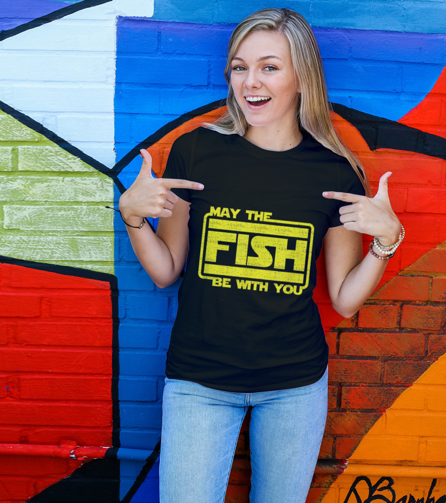 May The Fish Be With You Parody In Bold Yellow Sci-Fi T-Shirt