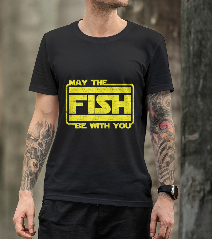 May The Fish Be With You Parody In Bold Yellow Sci-Fi T-Shirt