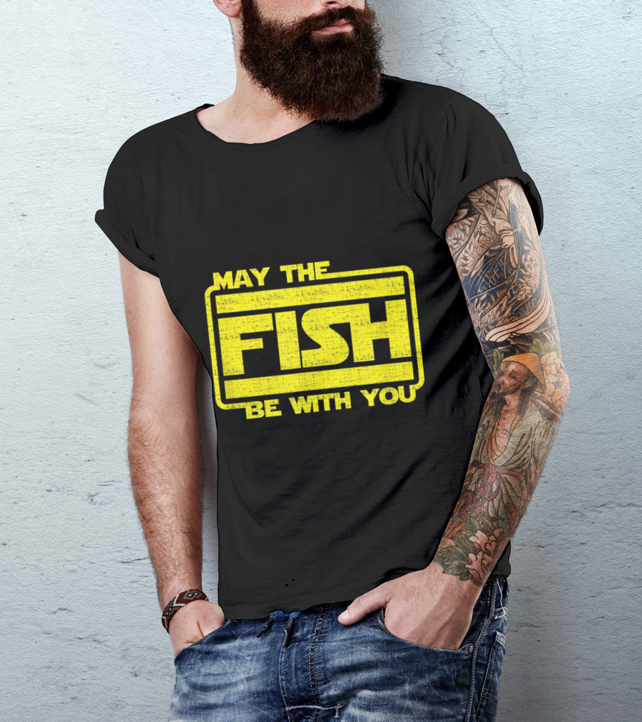 May The Fish Be With You Parody In Bold Yellow Sci-Fi T-Shirt
