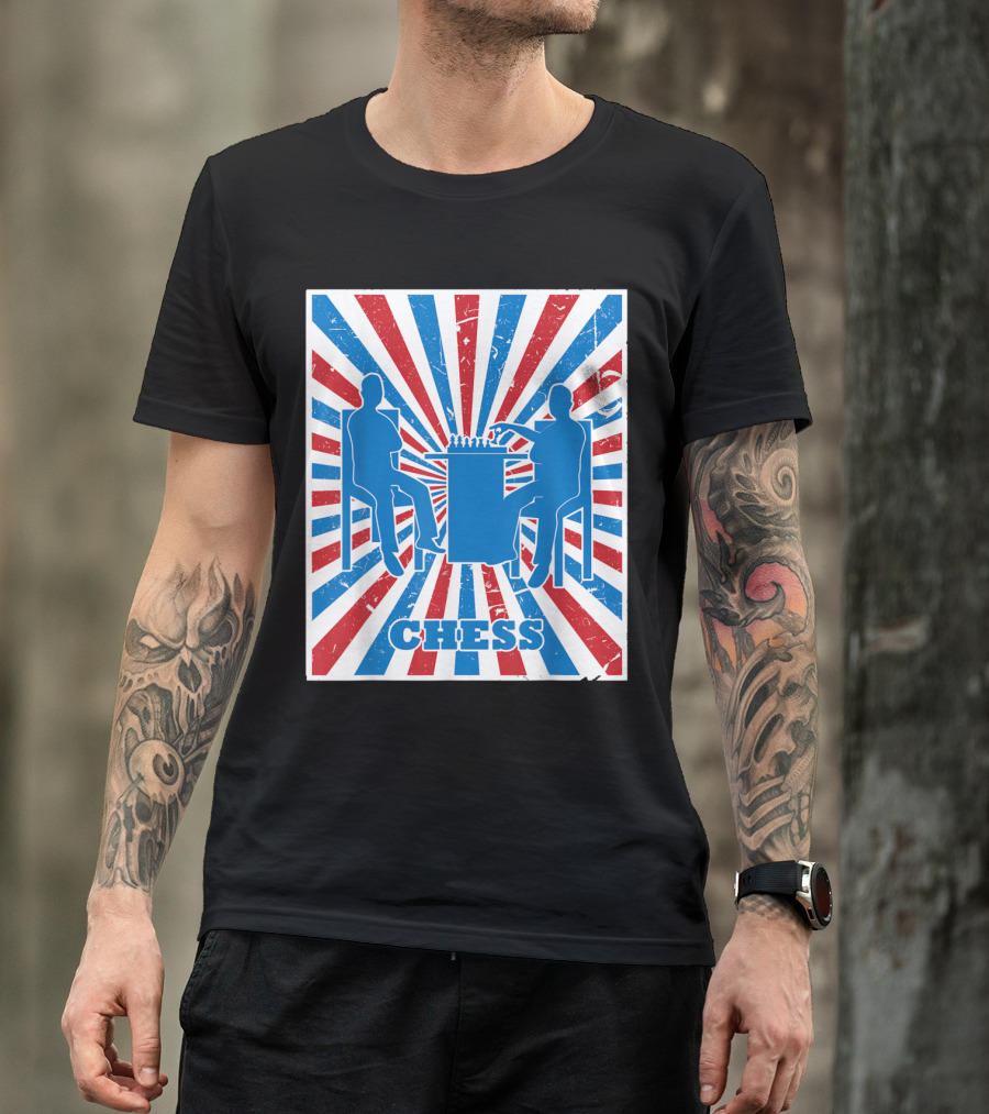 Vintage Chess Players Red White Blue Striped T-Shirt