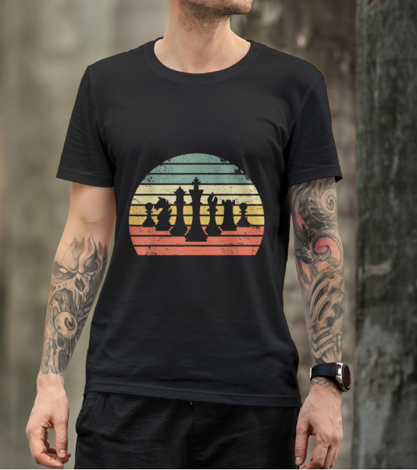 Vintage Chess Pieces With Retro Sunset Stripes T-Shirt