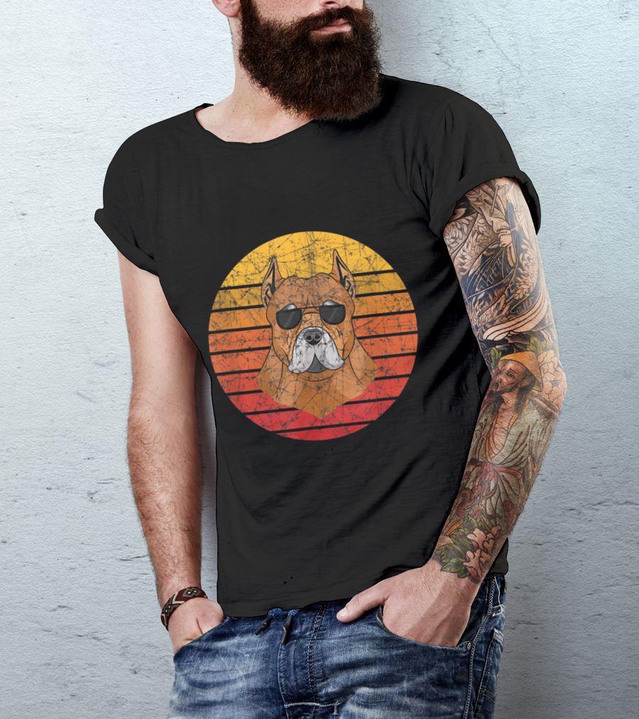 Pitbull Wearing Sunglasses Vintage Retro 80s 70s Circle T-Shirt