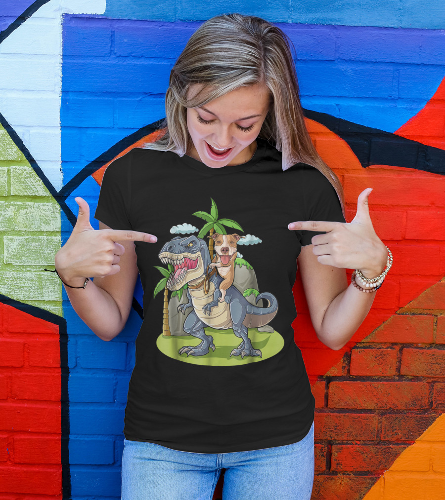Pitbull Riding T-Rex Like A Boss With Palm Trees And Clouds T-Shirt