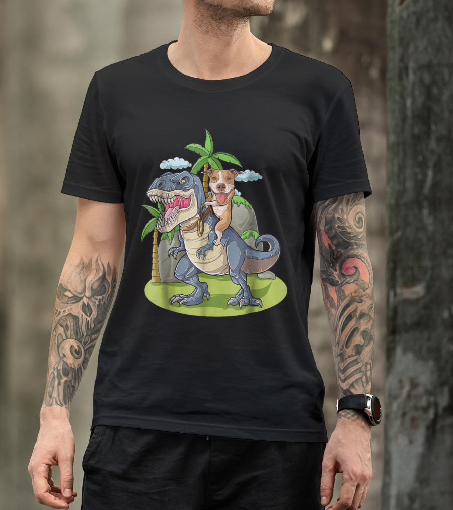 Pitbull Riding T-Rex Like A Boss With Palm Trees And Clouds T-Shirt