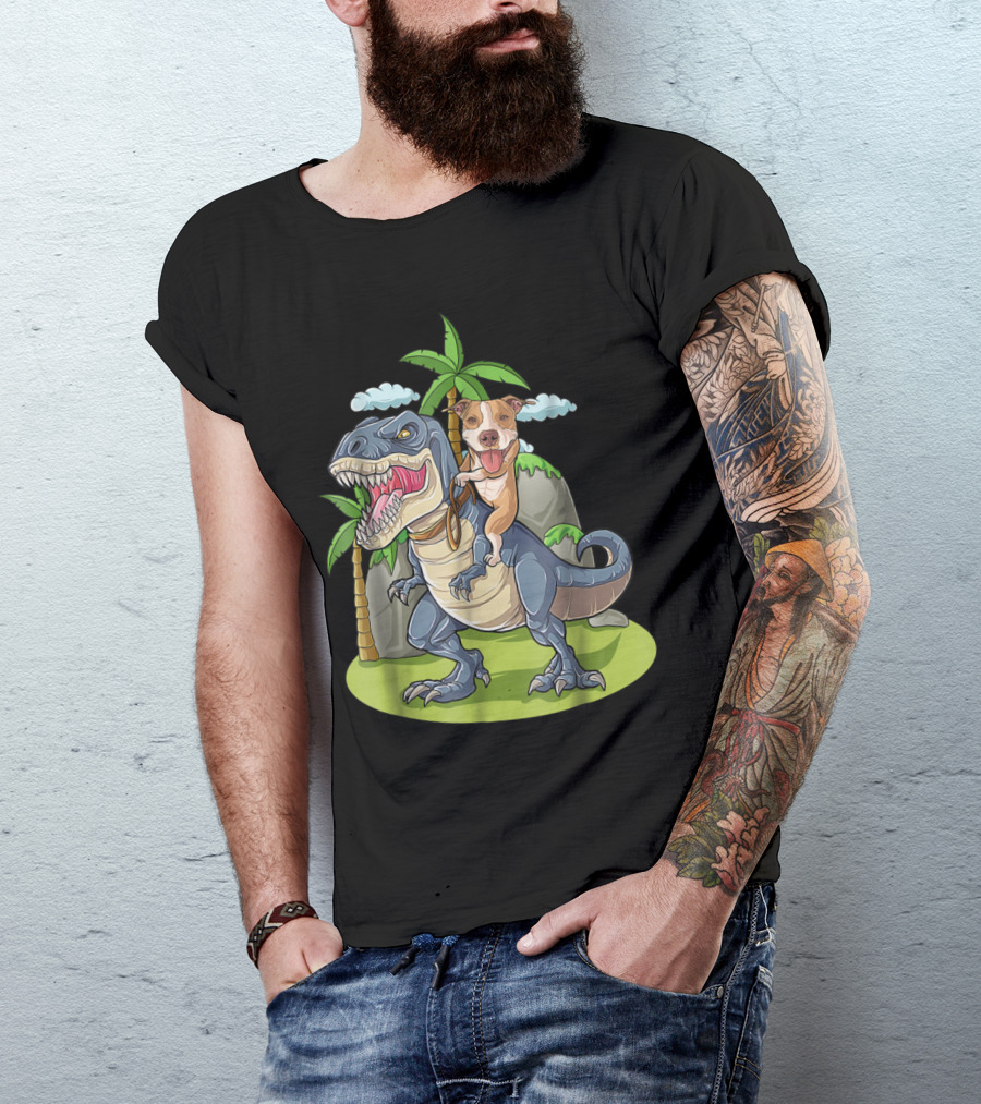 Pitbull Riding T-Rex Like A Boss With Palm Trees And Clouds T-Shirt