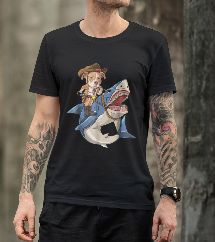 Pitbull Cowboy Riding Shark Like A Boss Epic Adventure Image T-Shirt