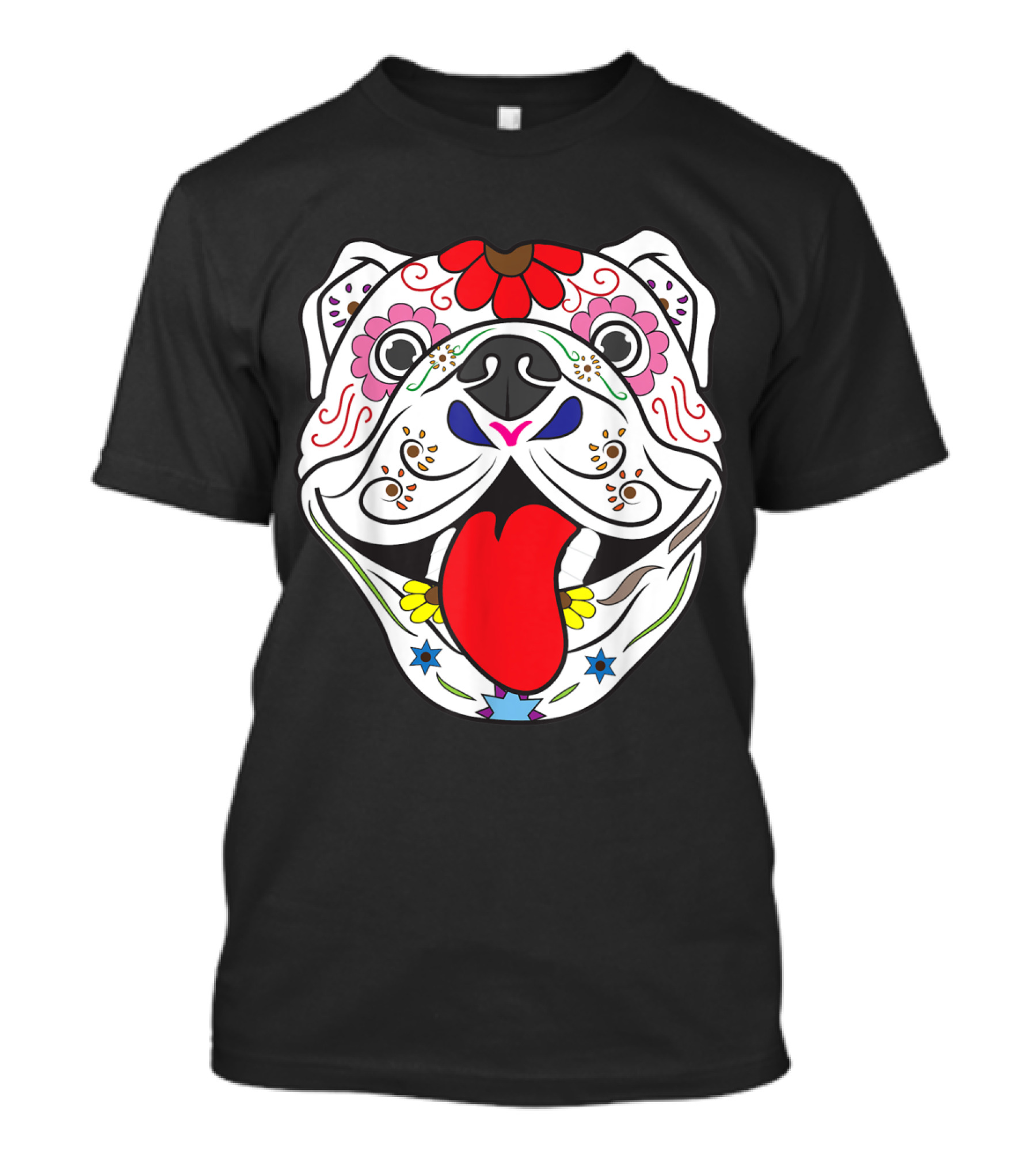 Pitbull Sugar Skull Colorful Floral Dia De Los Muertos T-Shirt