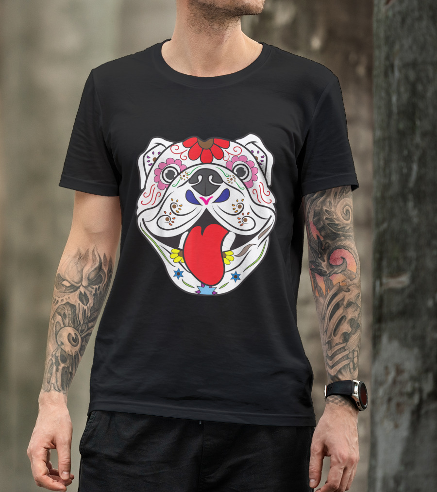 Pitbull Sugar Skull Colorful Floral Dia De Los Muertos T-Shirt