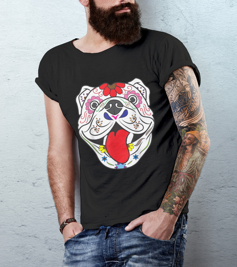 Pitbull Sugar Skull Colorful Floral Dia De Los Muertos T-Shirt