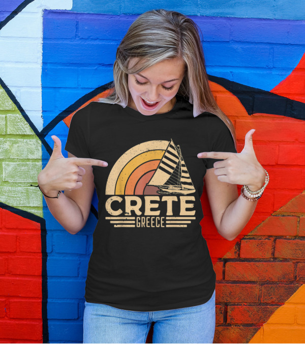 Retro Crete Greece Sailing With Vintage Sunset Stripes T-Shirt