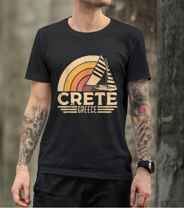 Retro Crete Greece Sailing With Vintage Sunset Stripes T-Shirt