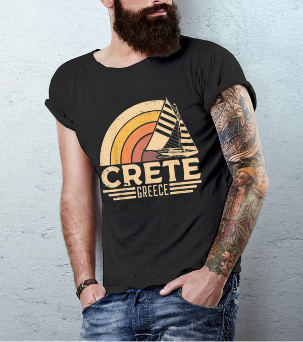 Retro Crete Greece Sailing With Vintage Sunset Stripes T-Shirt
