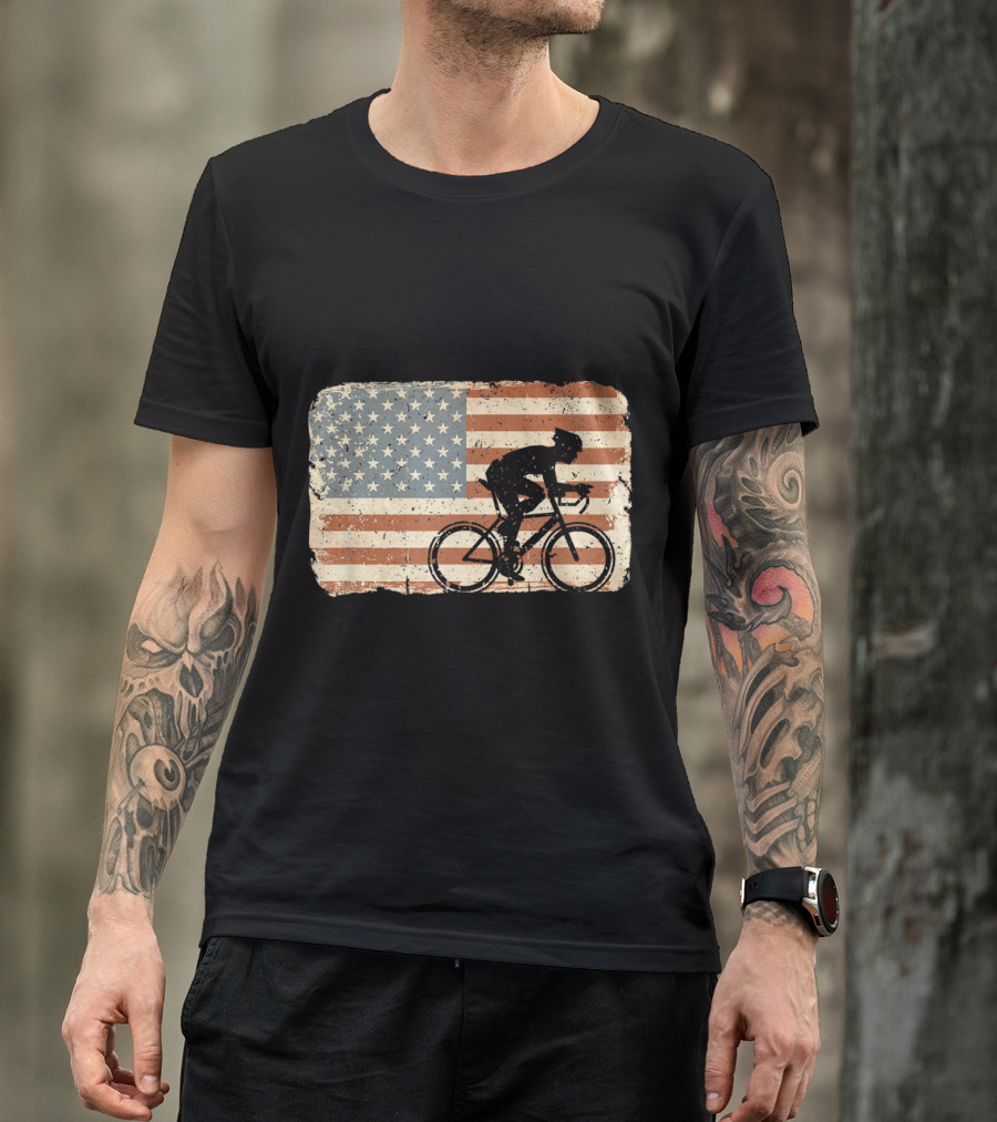 Vintage Cycling Bike American Flag T-Shirt