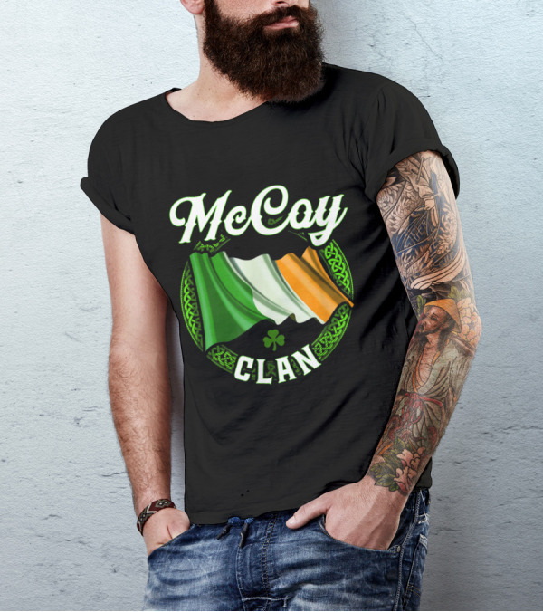 McCoy Clan Irish Surname With Shamrock And Celtic Flag Elements T-Shirt