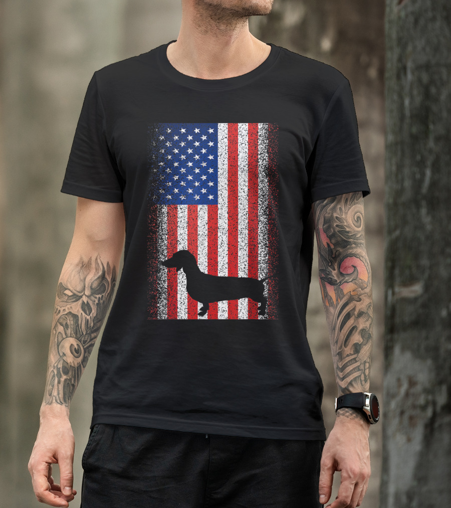 Vintage Dachshund Silhouette Patriotic American Flag T-Shirt