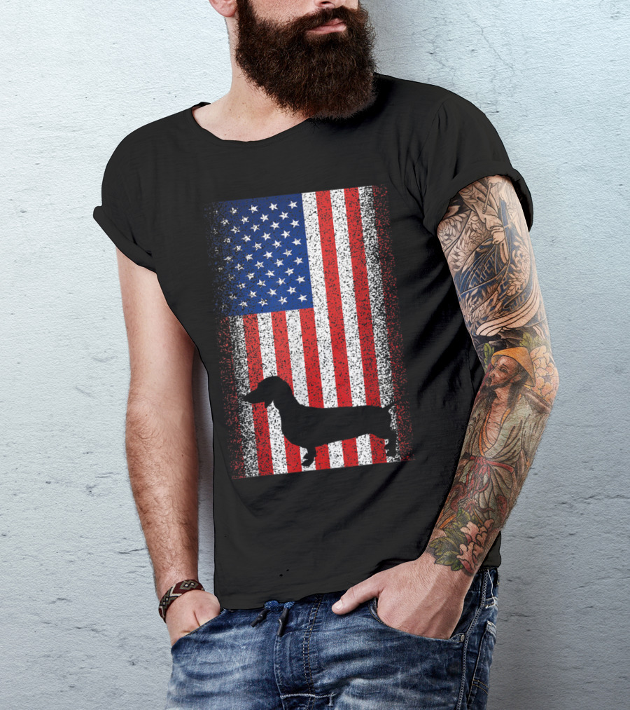 Vintage Dachshund Silhouette Patriotic American Flag T-Shirt