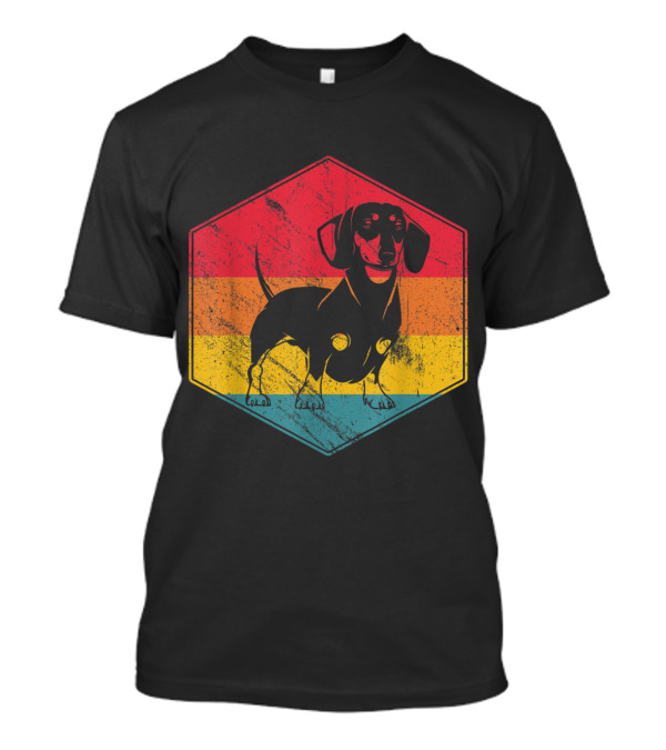 Retro Dachshund Dog With Hexagon Rainbow Stripes Vintage Birthday T-Shirt